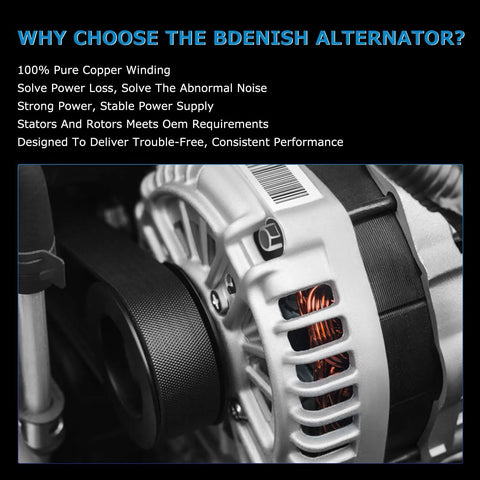 Close-up of Bdenish alternator for Hyundai Accent Veloster showing copper winding and belt system.