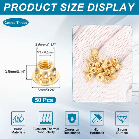 Dope M3 Brass Heat Set Threaded Inserts With Knurled Flange 50 Pieces, 3.5mm Length, 4.6mm Outer Diameter, for 3D printing