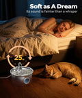 Stainless Steel Cat Water Fountain 88oz 2.6L Quiet Indoor Pet Water Dispenser beside sleeping woman and cat in dim room.