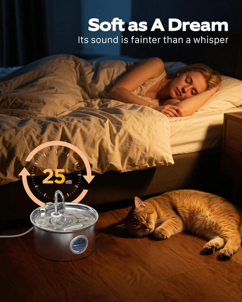 Stainless Steel Cat Water Fountain 88oz 2.6L Quiet Indoor Pet Water Dispenser beside sleeping woman and cat in dim room.