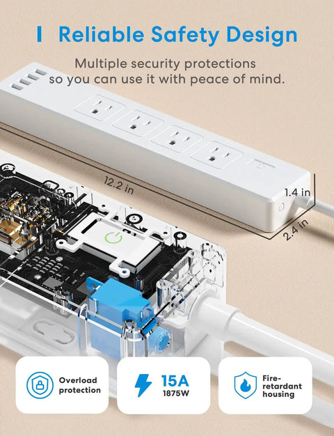 Smart Power Strip With Four Outlets And Four USB Ports, WiFi Enabled Flat Outlet, internal components highlighted