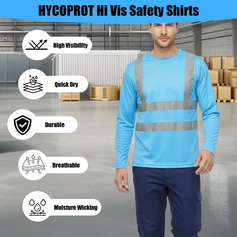 Heavy Duty Class Three High Visibility Long Sleeve Safety Shirt Loaded With Ansi Certified Reflective Tape Built Hella Tough For Your Daily Job Site Grind, breathable quick-dry fabric in blue.