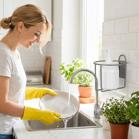 Heavy Duty Iron Wall Mounted Gallon Jug Holder 2-Pack holding a bottle near a kitchen sink, space-saving bottle storage with hardware.