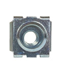 Pro Grade Snap In 10-32 Zinc Plated Cage Nuts 100 Pack For Server Rack Frames and Network Cabinet Mounting Hardware close-up view of a cage nut.