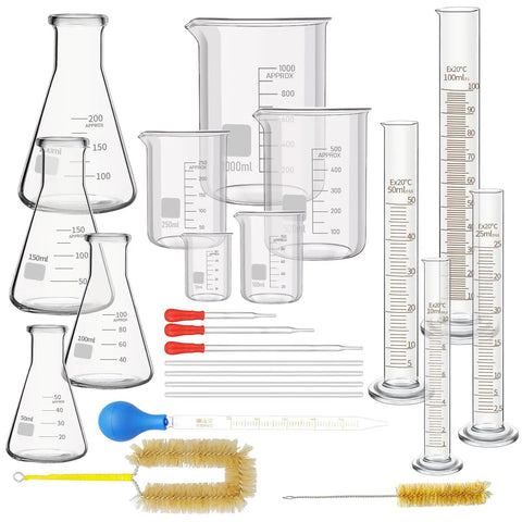 23 Piece Lab Glassware Set With Measuring Cups Beakers Graduated Cylinders Droppers Stirring Rods Cleaning Brushes For Chemistry
