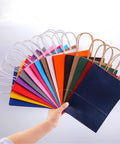 Hand holding Colorful Handle Kraft Paper Bags Set For Shopping And Parties, Portable Reusable Gift Bags With Sturdy Handles, 50 And 100 Pack Options.