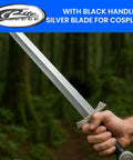28 Inch Latex Excalibur LARP Sword With Black And Silver Finish held in forest setting