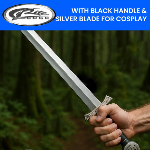28 Inch Latex Excalibur LARP Sword With Black And Silver Finish held in forest setting