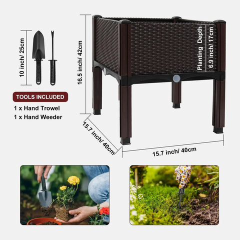 Elevated Two Box Raised Garden Bed With Drainage For Vegetables Herbs And Flowers, Plastic Planter Boxes, Easy Assembly, Sturdy Brown