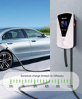 Slick Level Two EV Charger With J1772 Connector delivering a steady 32 Amp output at 240 volts, mounted to a wall beside a charging vehicle.