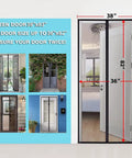 Magnetic Screen Door 36 X 82 Inches, Heavy Duty Reinforced Fiberglass Mesh, Black Modern Style, dimension display and installation examples.