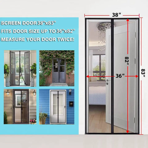 Magnetic Screen Door 36 X 82 Inches, Heavy Duty Reinforced Fiberglass Mesh, Black Modern Style, dimension display and installation examples.