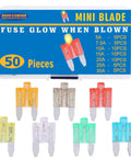 Smart Glow Mini Blade Auto Fuses Illuminated Indicator 50 pack assortment of various amperage fuses in a clear storage case.