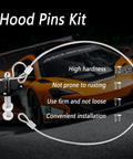 Stainless Steel Hood Pin Lock Clip With Racing Lanyard, black, shown with sports car backdrop, ideal for cars, trucks, SUVs.