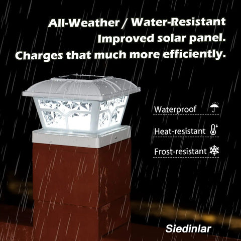 Solar Post Cap Lights For 4x4 5x5 6x6 Posts, 8 LED Outdoor Fence Deck Pathway Lights With Warm White And Cool White Modes, Seagull Shaped Brick Pattern, Weatherproof Post Caps, Easy Install, 2 Pack, shown in a rainy setting with illuminated cool white mode.