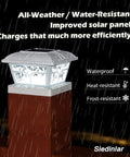 Solar Post Cap Lights Outdoor 8 LED Two Color Modes Warm White Cool White on 4x4 wooden post under rain, seagull-shaped shade