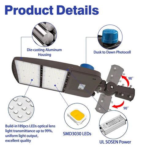 Ridiculously Bright 300W LED Parking Lot Light 42,000 Lumens At 5000K Slip Fitter Mount with dusk to dawn photocell and components.