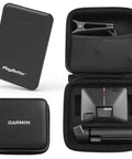Portable Golf Launch Monitor And Simulator Bundle With 10 Hour Battery Life, visible with case, tripod, charger, and adapter