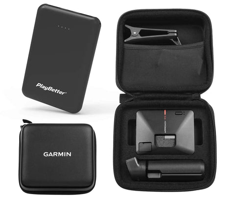 Portable Golf Launch Monitor And Simulator Bundle With 10 Hour Battery Life, visible with case, tripod, charger, and adapter