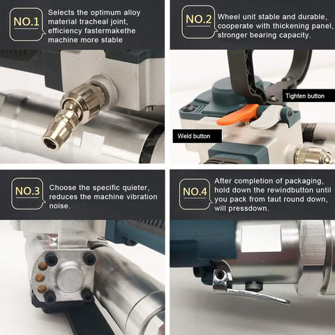 Close-up of controls and features, Ultra Lightweight Handheld Pneumatic Strapping Tool Absolute No Brainer Badass Workhorse For PP And PET Strapping Bands Half And Three Quarter Inch Killer Grip Sealer.