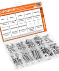 Pro Grade Heavy Duty Pack Of 102 Number 12-24 Phillips Pan Head Machine Screws Paired With Hex Nuts And Flat Washers displayed in a clear plastic organizer.