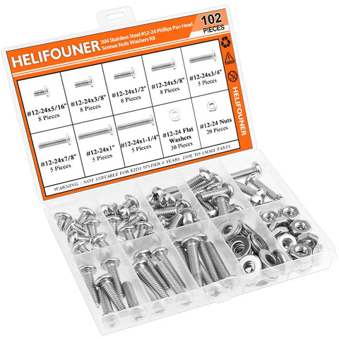 Pro Grade Heavy Duty Pack Of 102 Number 12-24 Phillips Pan Head Machine Screws Paired With Hex Nuts And Flat Washers displayed in a clear plastic organizer.