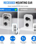 Recessed Mounting Ear comparison showing upgraded design versus standard with lower profile for easier installation.