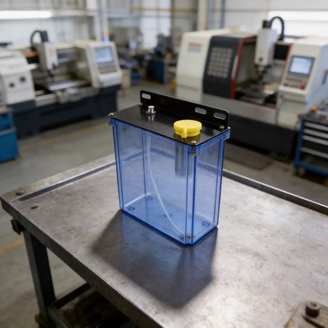 Heavy Duty 3L CNC Lubrication Water Box With Integrated Filter For Lathe Milling Drill Machines on a metal work surface.
