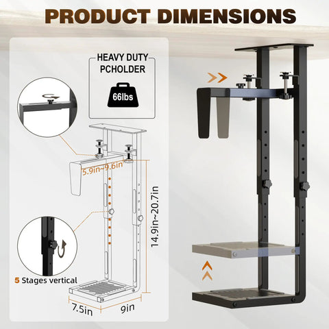 Diagram of Under Desk PC Mount For Standing Desk Built Tough Heavy Duty Clamp And Drill CPU Holder 66 Lbs Capacity with dimensions.