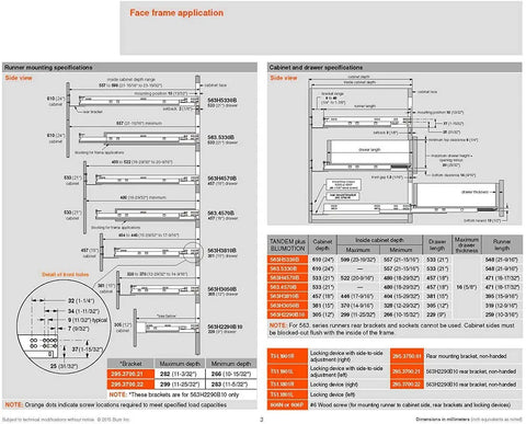 Diagram showing Complete 15 Inch Tandem Drawer Slides With Soft Close Blumotion Full Extension Undermount Kit specifications