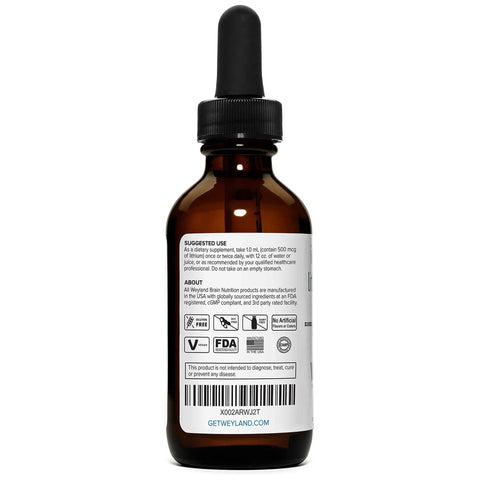 Back view of bottle of Liquid Lithium Drops For Brain Health With Magnesium Sodium And Potassium Electrolyte Blend, 60 mL