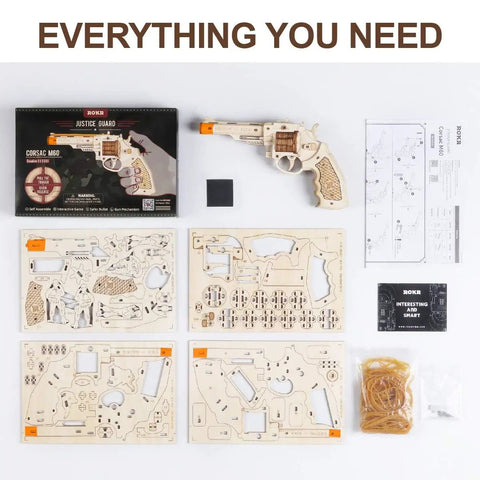 Dope 3D Wooden Puzzle And Mechanical Model Kit for DIY builders, disassembled pieces, rubber bands, and assembly guide displayed.
