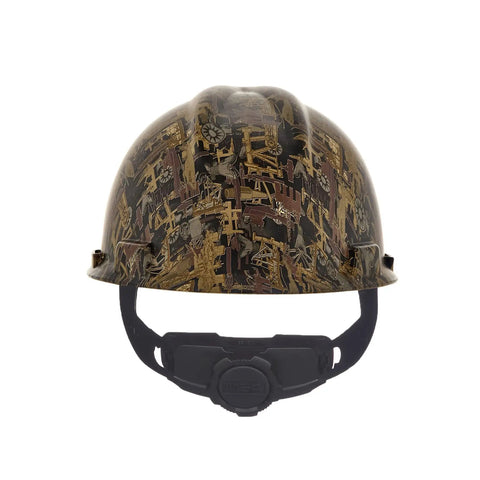 Front view of Hydro Dip V-Gard Cap Style Safety Hard Hat with Fas-Trac III Ratchet Suspension in oilfield camo design