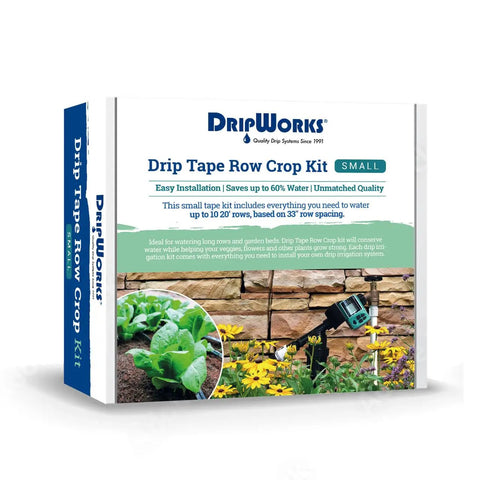 Packaging of Low Flow Drip Tape Irrigation Kit For Row Crops On Farms with agricultural grade components and details.