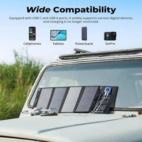 Portable Solar Charger 28W With Digital Ammeter on car windshield, USB A and USB C, foldable waterproof panels for outdoor use