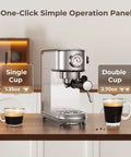Espresso Machine With Milk Frother, 20 Bar Pressure, 44 Ounces Removable Water Tank, Compact Stainless Steel Coffee Maker For Home Or Office, Sleek Silver on a kitchen counter displaying single and double cup brewing options.