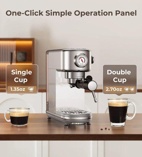 Espresso Machine With Milk Frother, 20 Bar Pressure, 44 Ounces Removable Water Tank, Compact Stainless Steel Coffee Maker For Home Or Office, Sleek Silver on a kitchen counter displaying single and double cup brewing options.