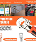 Rechargeable Electric Hydraulic Crimping Tool Delivers Rock Solid 12 Ton Force For Crushing 8 Awg To 600 Mcm Copper And Aluminum Cables With A Pro Grade Set Of Twelve Dies showing applications with terminals and wiring.