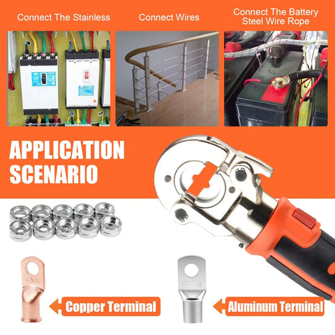 Rechargeable Electric Hydraulic Crimping Tool Delivers Rock Solid 12 Ton Force For Crushing 8 Awg To 600 Mcm Copper And Aluminum Cables With A Pro Grade Set Of Twelve Dies showing applications with terminals and wiring.
