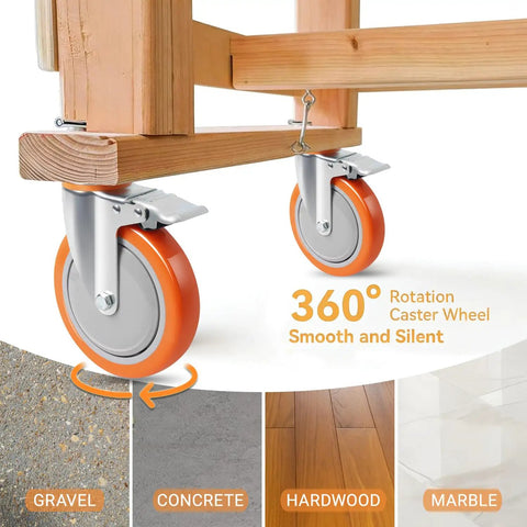 Six Inch Swivel Caster Wheels Set Of Four Heavy Duty Polyurethane Tires With Locking Brakes Reinforced Plates For Tool Carts And Dollies on hardwood surface.