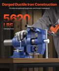 Heavy Duty Bench Vise With 6.5 Inch Jaw Width And 5 Inch Opening, ductile iron construction, 5620 lbs clamping force, blue color