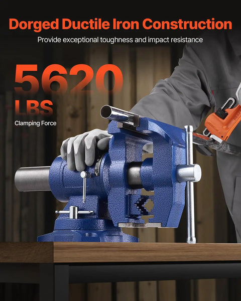 Heavy Duty Bench Vise With 6.5 Inch Jaw Width And 5 Inch Opening, ductile iron construction, 5620 lbs clamping force, blue color
