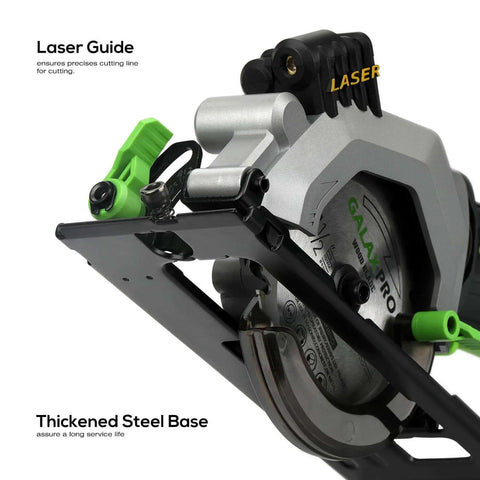 GALAX PRO 20V cordless mini circular saw with green accents and laser guide