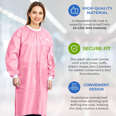 Pink Disposable Lab Coat 2XL Unisex SMS 45GSM Breathable With Snap Front And Knit Collar Cuffs 3 Pockets