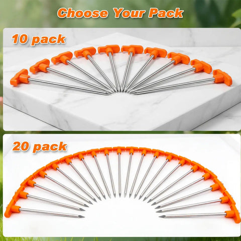 Heavy Duty 7 Inch Tent Stakes, 10 Pack Galvanized Steel Ground Anchors arranged in circle with orange heads for visibility.
