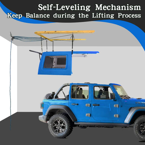 Heavy Duty Jeep Wrangler Hard Top Removal Lift Hoist With Self Levelling Design And Safety Anti-Drop Feature, blue hardtop being hoisted.