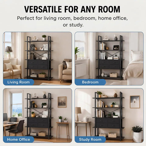 Sturdy 5 Tier Industrial Bookshelf With Four Drawers Built Like A Tank Tall Rustic Storage Shelf in living, bedroom, office, study