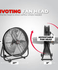 High Velocity 24 Inch Industrial Shop Drum Fan With Tilt Head, side and front view showing adjustable pivot and dimensions.