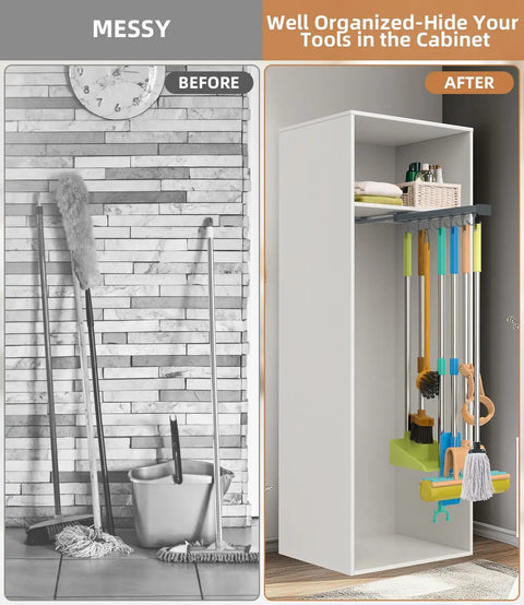 Pull Out Broom And Mop Holder With Sliding Double Row Hooks Multifunctional Wall Or Cabinet Storage Organizer installed in cabinet