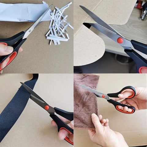 Go To Ultra Sharp 8.5 Inch Multipurpose Scissors With Comfort Grip cutting various materials, including paper and fabric.
